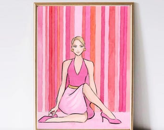 Pink Fashion Illustration Art Print, Chic Feminine Wall Art, Glam Girl Decor, Preppy Pink Stripes Artwork, Stylish Woman Illustration
