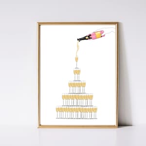 May include: A white background with a gold frame. A pink champagne bottle is pouring champagne into a pyramid of champagne glasses.