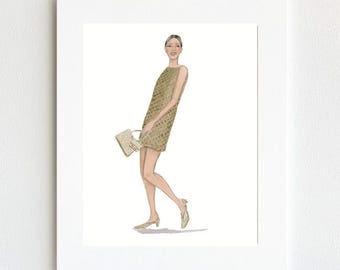 Fashion Illustration Art Print, Gold Dress, Trendy Wall Decor