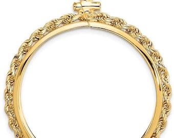 14k Yellow Gold 2mm Rope Screw Top 32.7mm Coin Bezel Pendant - Fits 1 oz American Eagle, 1 oz Cat, and 1 oz Krugerrand