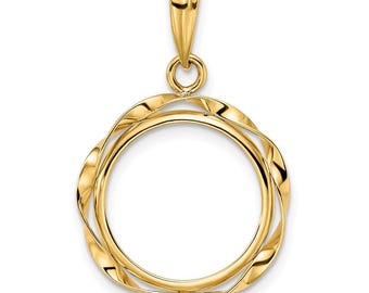14k Yellow Gold Hand Twisted Ribbon 15mm Prong Coin Bezel Pendant - Fits US 1 Type 2