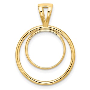 May include: A gold-colored pendant featuring two nested circles. The pendant has a triangular bail at the top for a chain. The design is simple and elegant, suitable for everyday wear or special occasions.