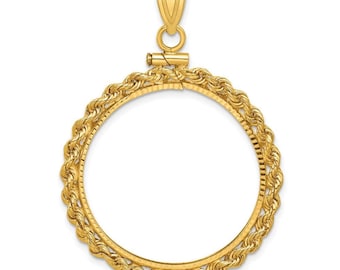 Colgante de oro amarillo de 10k pulido con cuerda y bisel de rosca de 27,0 mm x 2,35 mm con corte de diamante para monedas American Eagle de 1/2 oz, US 10 Liberty y