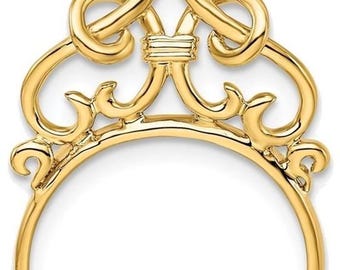 14k Yellow Gold 13mm Filigree Top Prong Coin Bezel Pendant - Fits 2 Pesos and US 1