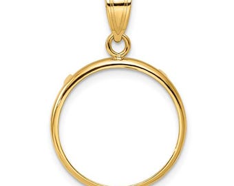 Colgante de oro amarillo de 14k de 18 mm con bisel pulido para monedas - Se adapta a monedas de 1/10 oz de Cat, 1/10 oz de Panda y monedas de diez centavos estadounidenses.