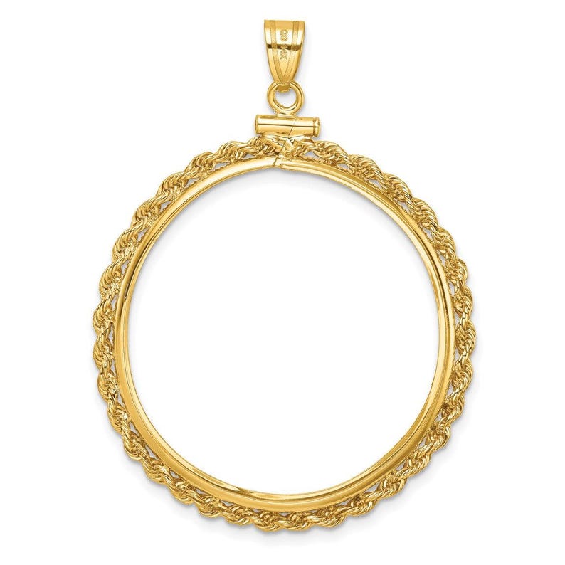 14k Yellow Gold 2mm Rope Screw Top 32mm Coin Bezel Pendant - Fits 1 oz Australian Nugget, 1 oz Kangaroo, 1 oz Panda, and Other Coins