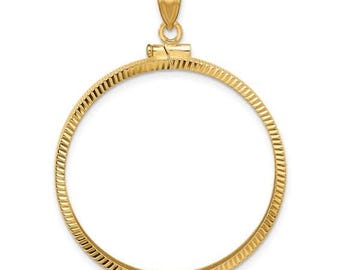 14k Yellow Gold Polished and Diamond-cut 32.7mm x 3.00mm Screw Top Coin Bezel Pendant - Fits 1 oz American Eagle, 1 oz Cat, and 1 oz