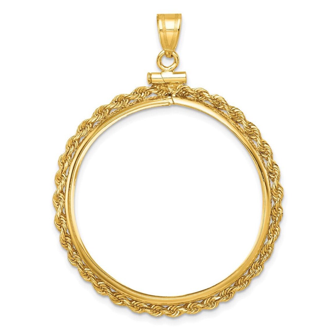14k Yellow Gold 2mm Rope Screw Top 32mm Coin Bezel Pendant - Fits 1 Oz ...