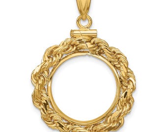 14k Yellow Gold 4mm Rope 15mm Screw Top Coin Bezel Pendant - Fits US 1 Type 2