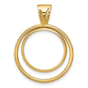 May include: A gold-colored pendant featuring two interlocking circles. The pendant has a loop at the top for a chain. The design is simple and elegant, with a polished finish.