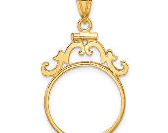 14k Yellow Gold French Scroll Screw Top 18mm Coin Bezel Pendant - Fits 1/10 oz Cat