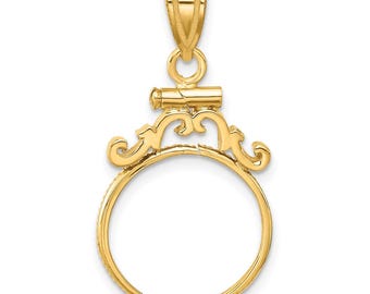 14k Yellow Gold French Scroll Screw Top 15mm Coin Bezel Pendant - Fits US 1 Type 2
