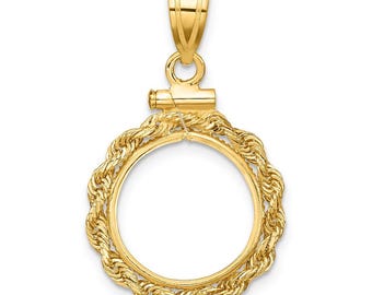 14k Yellow Gold 2mm Rope Screw Top 14mm Coin Bezel Pendant - Fits 1/20 oz Maple Leaf and Other Coins