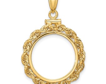 14k Yellow Gold 17.8mm 3mm Rope Screw Top Coin Bezel Pendant - Fits US 2.50 Liberty and Other Coins