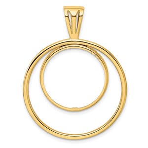 May include: A gold-colored pendant featuring two nested circular shapes. The pendant has a bail at the top for a chain. The design is simple and elegant, with a polished finish.