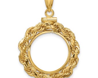 14k Yellow Gold 4mm Rope 16mm Screw Top Coin Bezel Pendant - Fits 1/10 oz Maple Leaf, Maple Leaf, and Other Coins