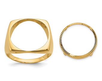 10k Yellow Gold Mens Polished and Diamond-cut Square Shaped 16.5mm Coin Bezel Ring - Fits 1/10 oz American Eagle and 1/10 oz Krugerrand