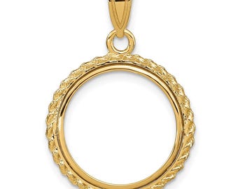 14k Yellow Gold Casted Rope 16.5mm Prong Coin Bezel Pendant - Fits 1/10 oz American Eagle and 1/10 oz Krugerrand