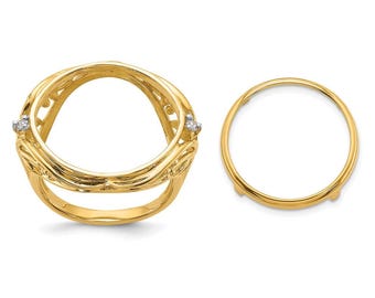 14k Gold w/ White Rhodium Ladies Fancy Two AA Diamond 16.5mm Coin Bezel Ring - Fits 1/10 oz American Eagle and 1/10 oz Krugerrand