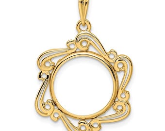 14k Yellow Gold Polished Curved Scroll 15mm Prong Coin Bezel Pendant - Fits US 1 Type 2