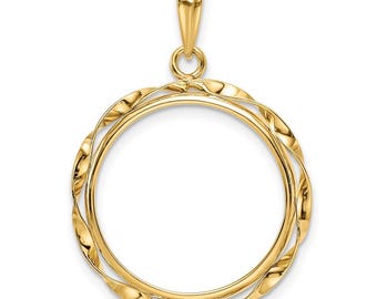 14k Yellow Gold Hand Twisted Ribbon 20mm Prong Coin Bezel Pendant - Fits 1/4 oz Kangaroo