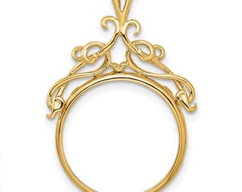 14k Yellow Gold 16.5mm Thin Filigree Top Prong Coin Bezel Pendant - Fits 1/10 oz American Eagle and 1/10 oz Krugerrand