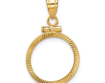 10k Yellow Gold Polished and Diamond-cut 15.5mm x 1.1mm Screw Top Coin Bezel Pendant - Fits 2.5 Pesos