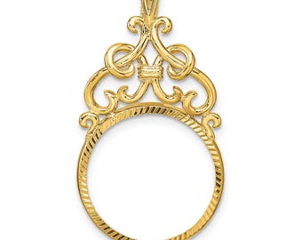 14k Yellow Gold Polished Fancy Filigree Top and Diamond-cut 17.8mm Prong Coin Bezel Pendant - Fits US 2.50 Liberty and Other Coins
