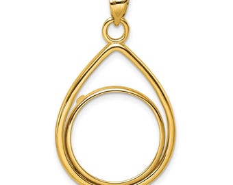 14k Yellow Gold Polished Lightweight Teardrop 18mm Prong Coin Bezel Pendant - Fits 1/10 oz Cat, 1/10 oz Panda, and Other Coins