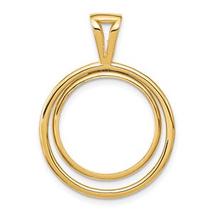 May include: A gold-colored pendant with a double-circle design. The pendant has a triangular bail at the top for a chain. The circles are smooth and shiny, reflecting light. The jewelry piece is likely made of gold.