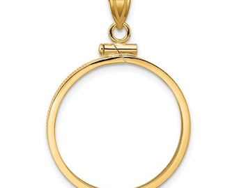 Colgante de oro amarillo de 14k de 22,6 mm con bisel de rosca pulido para monedas - Compatible con monedas de 10 pesos y US 5 Liberty Classic