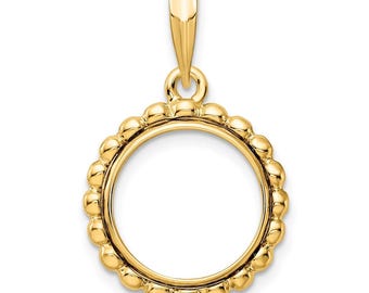 14k Yellow Gold 13mm Beaded Edge Prong Coin Bezel Pendant - Fits 2 Pesos and US 1