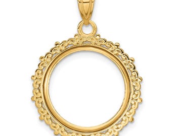 14k Yellow Gold Polished Fancy 16.5mm Prong Coin Bezel Pendant - Fits 1/10 oz American Eagle and 1/10 oz Krugerrand