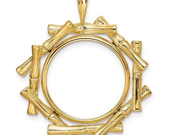 14k Yellow Gold 18mm Overlap Bamboo Prong Coin Bezel Pendant - Fits 1/10 oz Cat