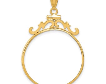 14k Yellow Gold French Scroll Screw Top 27mm Coin Bezel Pendant - Fits 1/2 oz American Eagle, US 10 Liberty, and Other Coins