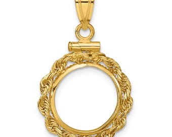10k Yellow Gold Polished Rope 13.0mm x 1.1mm Screw Top Coin Bezel Pendant - Fits 2 Pesos