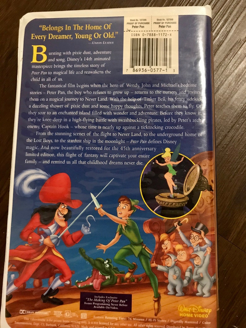 PETER PAN , Walt Disneys Masterpiece Fully Restored 45th Anniversary