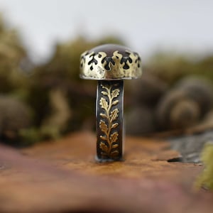 Op de afbeelding: Een zilveren ring met een gouden band en een bruine edelsteen. De band is versierd met een gouden bladontwerp.