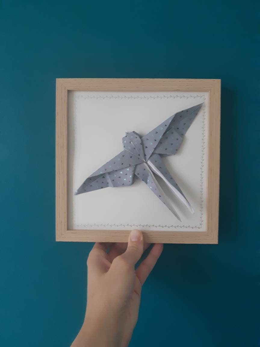 Cadre Origami Hirondelle Gris Bleuté