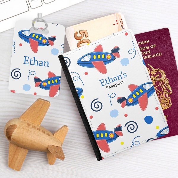 Kid's Personalised Aeroplane Passport Cover Wallet Holder - Travel Gifts for Children, Flying, Plane Passport Case, PU Leather Custom 040