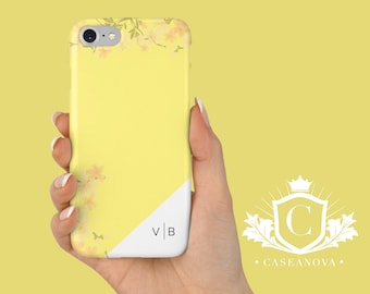 Yellow, Cherry Blossom iPhone 7 case, iPhone 8 cases, Personalised Phone Case, Custom Initials, iPhone SE, 5S, 6, X, Samsung S9 - CN-288