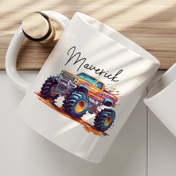 Personalised Painted Monster Truck Gift Mug - Presents for Son on Birthday, Christmas Stocking Filler, Painted Vehicles on Cups, Office