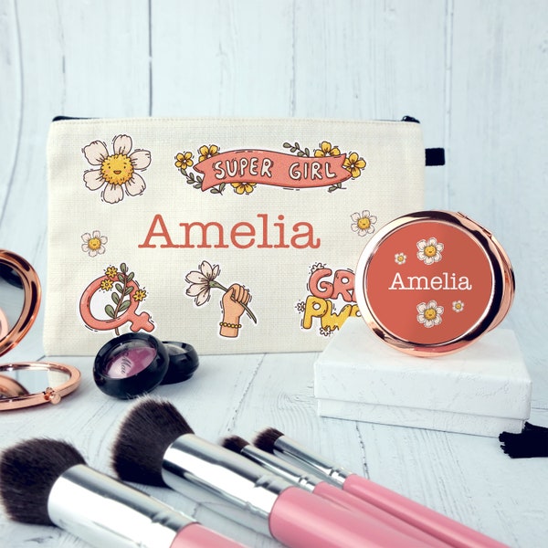 Personalised Kids Cosmetic Zip Bag & Pocket Mirror - Make-up Bag Children, Lip Gloss, Nail Varnish, Birthday Present for Daughter, Gifts 026