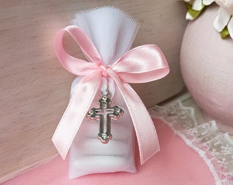 italian Bomboniere with sugared almonds 10 almond baptism christening favors White pouches with cross