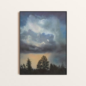 Approaching Storm Nature Wall Art Print by Artist Susan Parkinson, Landscape Print with Blue Sky & Pine Trees, Oil Painting Home or Office