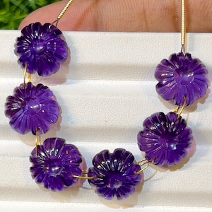 Natural Amethyst Carved flower beads Natural gemstone Carving Double Drill beads line Strand Size 14mm 6 Pieces