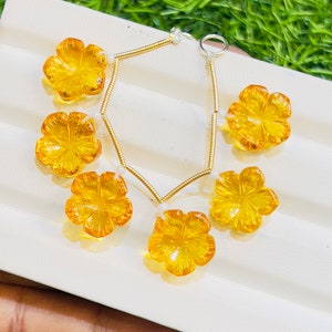 Natural Citrine Flower Carved Gemstone, Fine Quality Hand Carved Citrine Flower Carving, Jewelry Making Gemstone, Size 13mm, 6 Pieces Strand