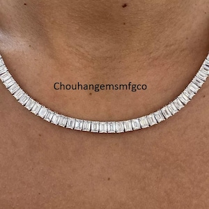 Certified GRA VVS Moissanite Diamond Tennis Necklace Emerald Cut, 925 Sterling Silver Necklace for Women, Everyday Necklace, Bridal Jewelry