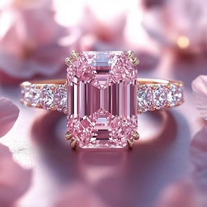 Peut inclure: Une bague en or avec une grande pierre rose rectangulaire au centre. La monture est ornée de petites pierres roses rondes. La bague est posée sur un fond rose clair, avec des accents floraux flous.