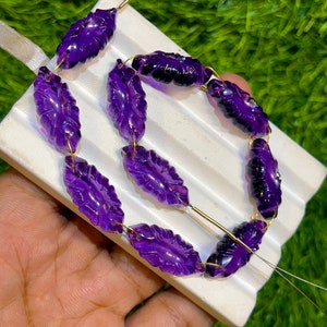 Natural Amethyst Flower Shape Carved Gemstone, Double Drill Beads line Strand Carving Gemstone For Jewellery, Size 20x11 mm, 10 Pieces